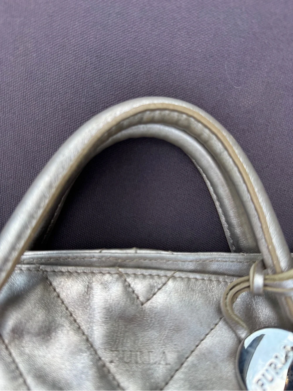 Furla Metallic Silver Leather Chevron Quilted Tote Tassel Bag VGUC Y2K